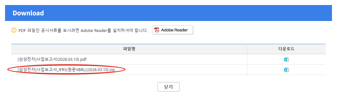 DART 공시뷰어의 다운로드 창. 사업보고서 PDF 와 IFRS 원문XBRL zip 두 줄이 있고 zip 줄에 붉은 원 표시가 있다.