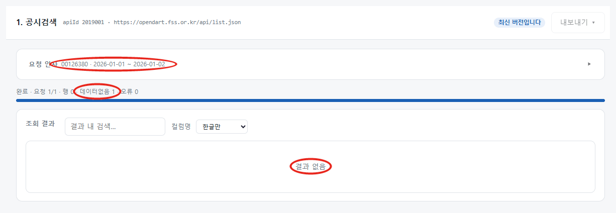 공시 수집기 공시검색 결과. 요청 인자 00126380 2026-01-01 부터 2026-01-02, 데이터없음 1, 결과 없음에 붉은 원 표시가 있다.