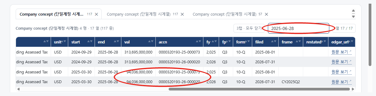 중복을 거르지 않은 117행 결과를 2025-06-28 로 걸러 본 표. 같은 기간 같은 금액 94,036,000,000 이 접수번호만 다른 두 줄로 있는 곳과 검색칸에 붉은 원 표시가 있다.