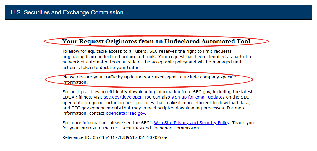 SEC 403 응답 화면. 제목 Your Request Originates from an Undeclared Automated Tool 과 user agent 를 고치라는 문장에 붉은 원 표시가 있다.
