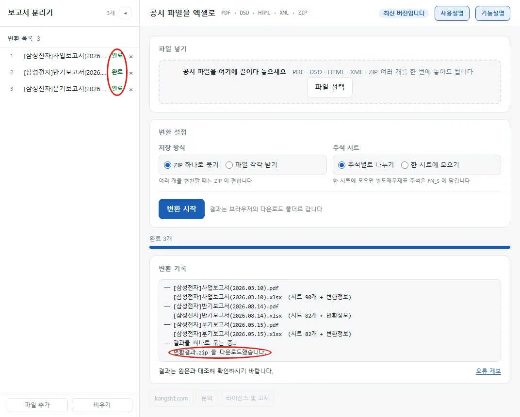 변환이 끝난 화면. 왼쪽 목록 세 파일의 완료 표시와 변환 기록의 변환결과.zip 다운로드 줄에 붉은 원 표시가 있다.